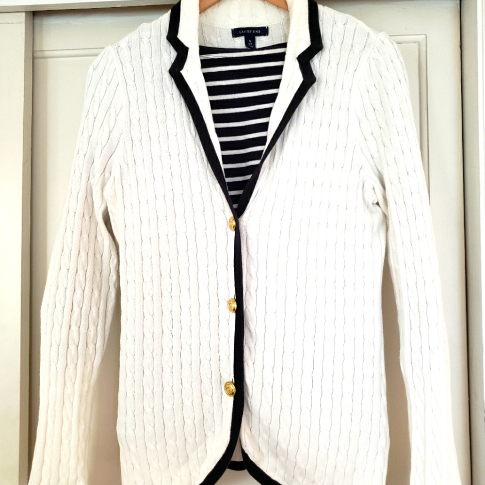 Land's End white cardigan sweater with navy piping